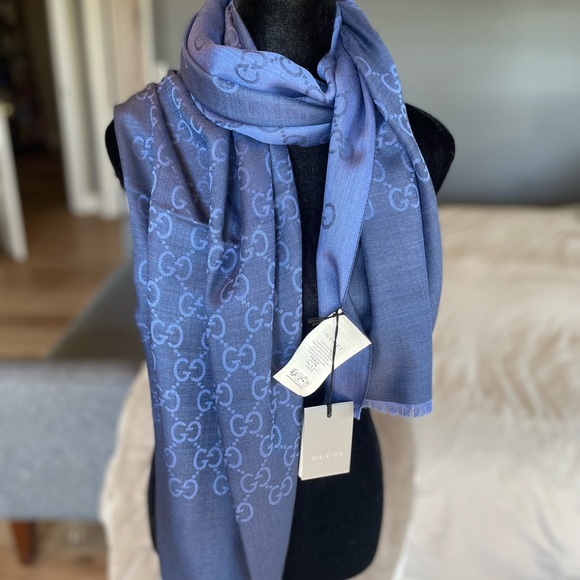 NWT Gucci GG Logo Saphire Sky Blue Monogram Wool Silk Jacquard Long Scarf Wrap - Picture 9 of 9